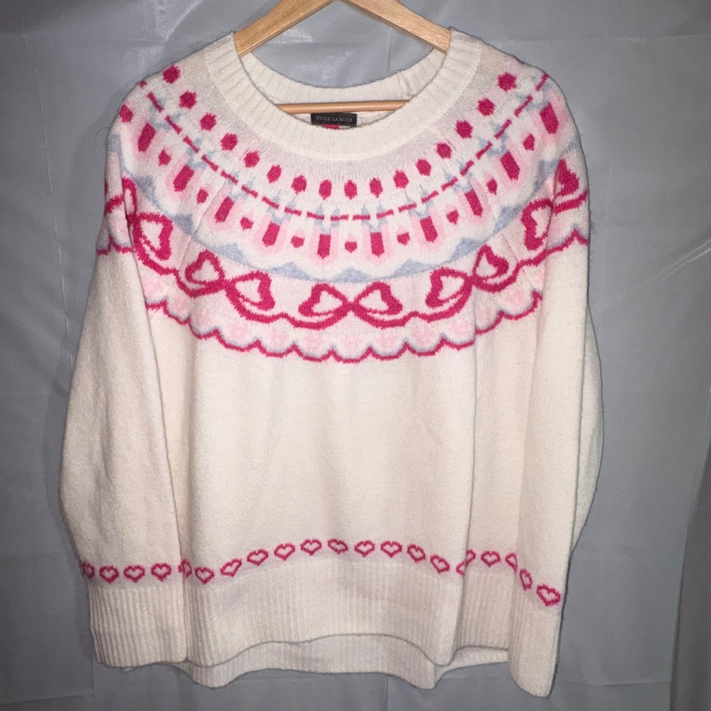 Vince Camuto Womens Fair Isle Heart Bow Sweater Medium Ivory Pink Blue Cozycore